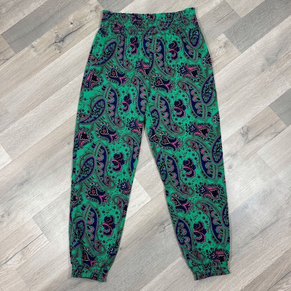 Aerie Paisley Harem Jogger Pants Green Multi Small Pull On Elastic‎ Baggy Boho